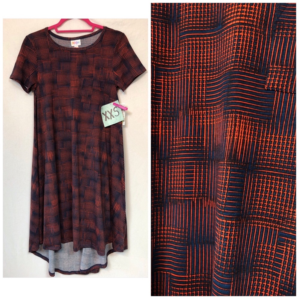 LuLaRoe Carly Dress XXS | Navy Rust Grid Print | NWT